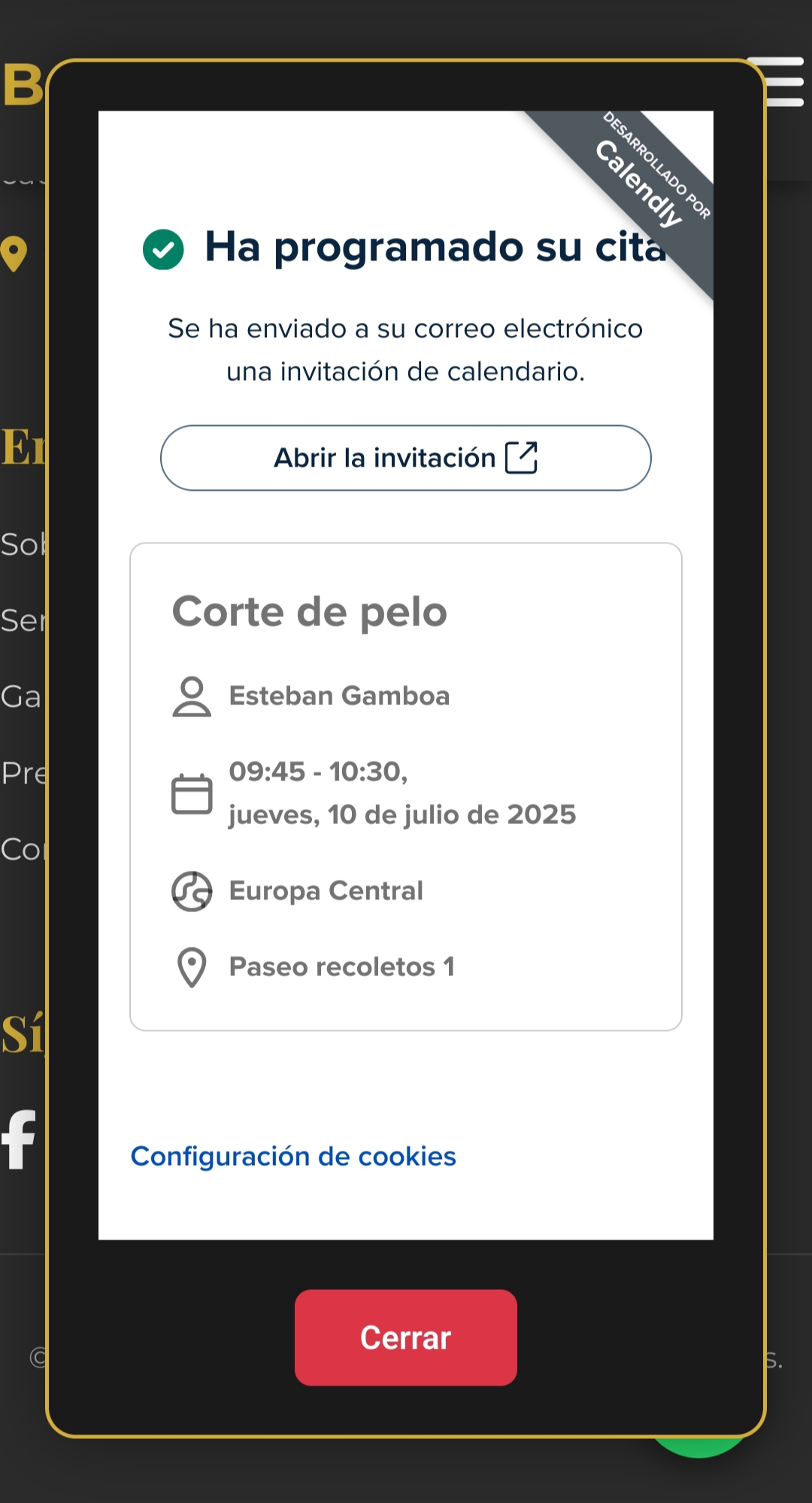 Proceso de reserva de citas mediante Calendly con selección de fecha y hora